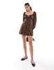 Miss Selfridge ribbon detail tie front mini tea dress in animal print