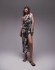 Topshop premium one shoulder drape midi dress in black smudge floral