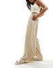 ASOS DESIGN textured tie side wide leg pants in stone