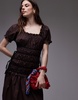 Topshop cap sleeve shirred dress with tie sides in brown with contrast black ties