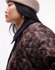Topshop leopard long nylon coat with cord collar in multi