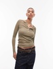 ARKET sheer jersey long sleeve top with button placket in khaki green
