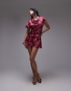 Topshop ruched side grown on shoulder mini dress red print