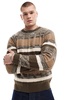 Another Influence mix match stripe round neck sweater in brown