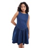 Miss Selfridge drop waist denim mini dress in mid wash