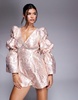 ASOS LUXE embellished jacquard romper with bow back in pink