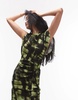 Topshop sliced sleeve ruched side maxi dress in green plaid print