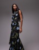 Topshop godet hem boutique occasion midi dress in black based winding floral