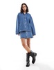 Pieces utility denim shacket in medium blue - part of a set