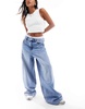 Stradivarius Petite wide leg jeans with boxer waist in medium blue