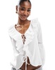 Brave Soul ruffle front long sleeve blouse in white