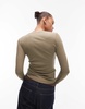 ARKET sheer jersey long sleeve top with button placket in khaki green