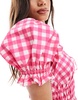 ASOS DESIGN elasticated channel lace trim bow romper in pink gingham