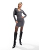 Bershka knitted polo mini dress in gray