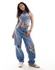 Bershka denim halterneck vest in vintage wash blue
