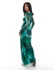 Vero Moda Petite long sleeved mesh maxi dress in dark green abstract