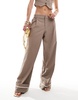 Bershka deep hem contrast striped tailored pants in brown - part of a set