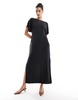 & Other Stories luxe jersey midi dress with boat neck and thigh slit in black