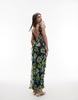 Topshop high neck open back frill maxi dress in blurred blue floral