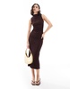 Bershka textured high neck maxi dress in brown