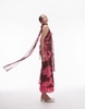 Topshop chiffon cowl slip midi dress in pink oversized floral print with scarf