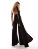 ASOS DESIGN wide leg jumpsuit with double trim and long neck tie in chocolate