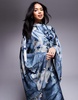 ASOS DESIGN funnel neck satin maxi dress with exaggerated sleeves in blue floral print