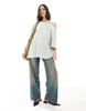 ASOS DESIGN waffle knit off the shoulder relaxed t-shirt in washed sage