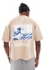 ASOS DESIGN unisex boxy oversized license t-shirt with Hokusai Wave prints in beige