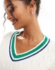 Bershka contrast trim cricket sweater in white