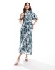 ASOS DESIGN puff sleeve midi dress with gauged waist in blue floral print