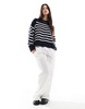 Bershka chunky crew neck sweater in navy & ecru stripe
