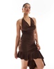 Bershka halterneck ruffle detail asymmetric mini dress in chocolate