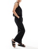 Bershka tie waist wide leg linen pants in black