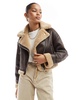 Bershka contrast shearling jacket in brown & ecru