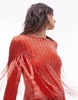 Topshop long sleeved chevron beaded fringe mini dress in orange