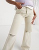 Bershka cotton wide leg 90s jean with knee rip in ecru - CREAM