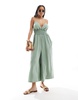 ASOS DESIGN shirred linen cami jumpsuit with wide culotte legs in sage