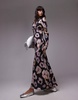 Topshop slash neck midi dress in gray and lime floral