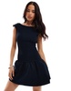 Bershka shirred bubble hem mini dress in navy blue