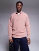 ASOS DESIGN oversized drop shoulder ribbed half zip funnel neck sweater in light pink