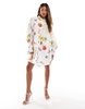 ASOS DESIGN oversized shirt dress with dropped pockets in postcard print