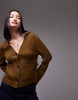 ARKET textured yarn wool cardigan with v-neck and front pockets in khaki brown