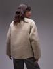 Mango contrast detail collarless faux shearling jacket in ecru
