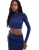 Aria Cove slinky ruched off the shoulder long sleeve top in navy - part of a set
