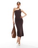 Bershka one shoulder knit maxi dress in chocolate