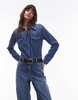 Topshop denim slim fit jumpsuit in mid blue