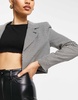 River Island Petite dogtooth crop blazer in black