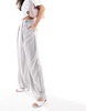 Bershka high waisted tie detail wide leg tailored pants in gray