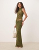 ASOS DESIGN sheer floral flock maxi skirt in olive - part of a set